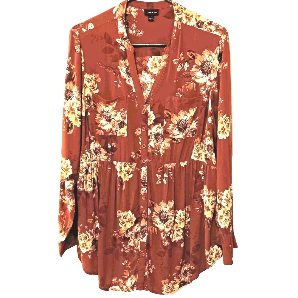 Torrid 1X Floral Button Front Babydoll/Peplum Blouse Long Sleeves 100% Rayon